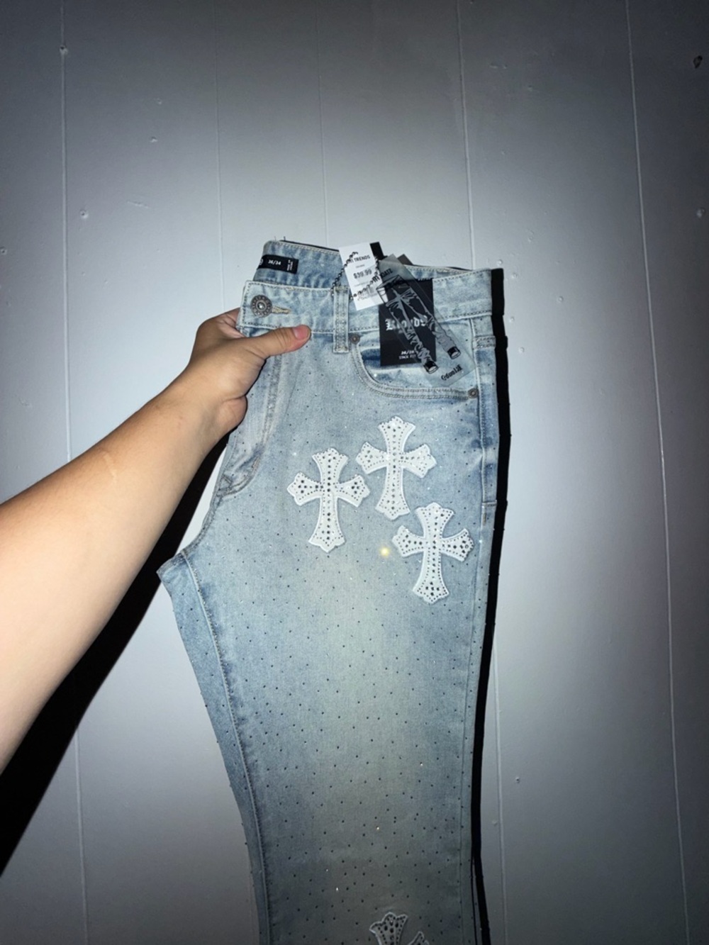 Men Light Wash Jeans with embroidered Cross Patches (36”)